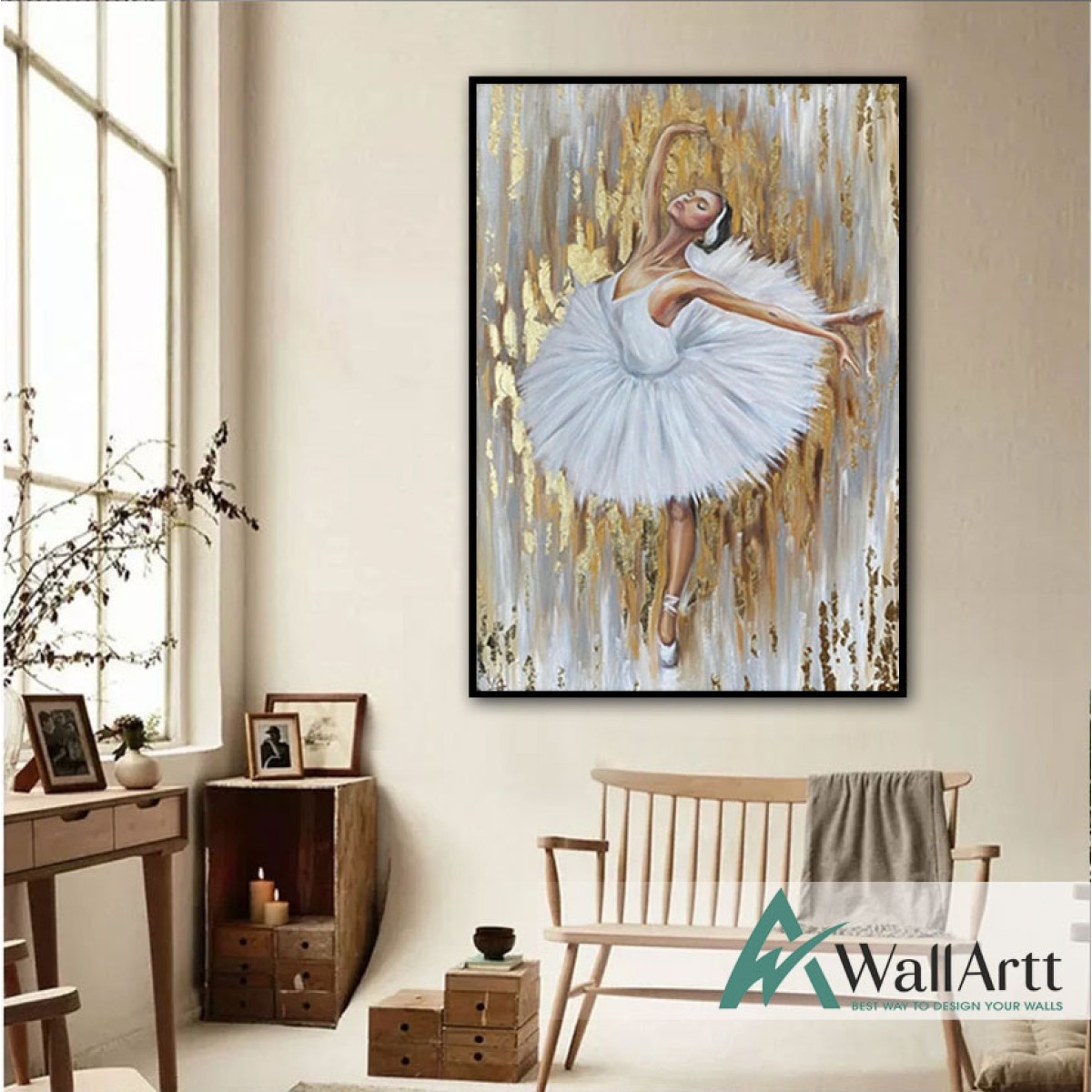 White Dressed Ballerina Textured Partial Oil Painting